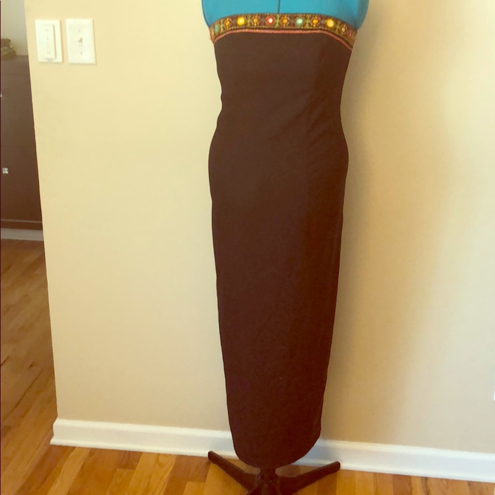 Vintage 90s strapless black dress with colorful boho neckline